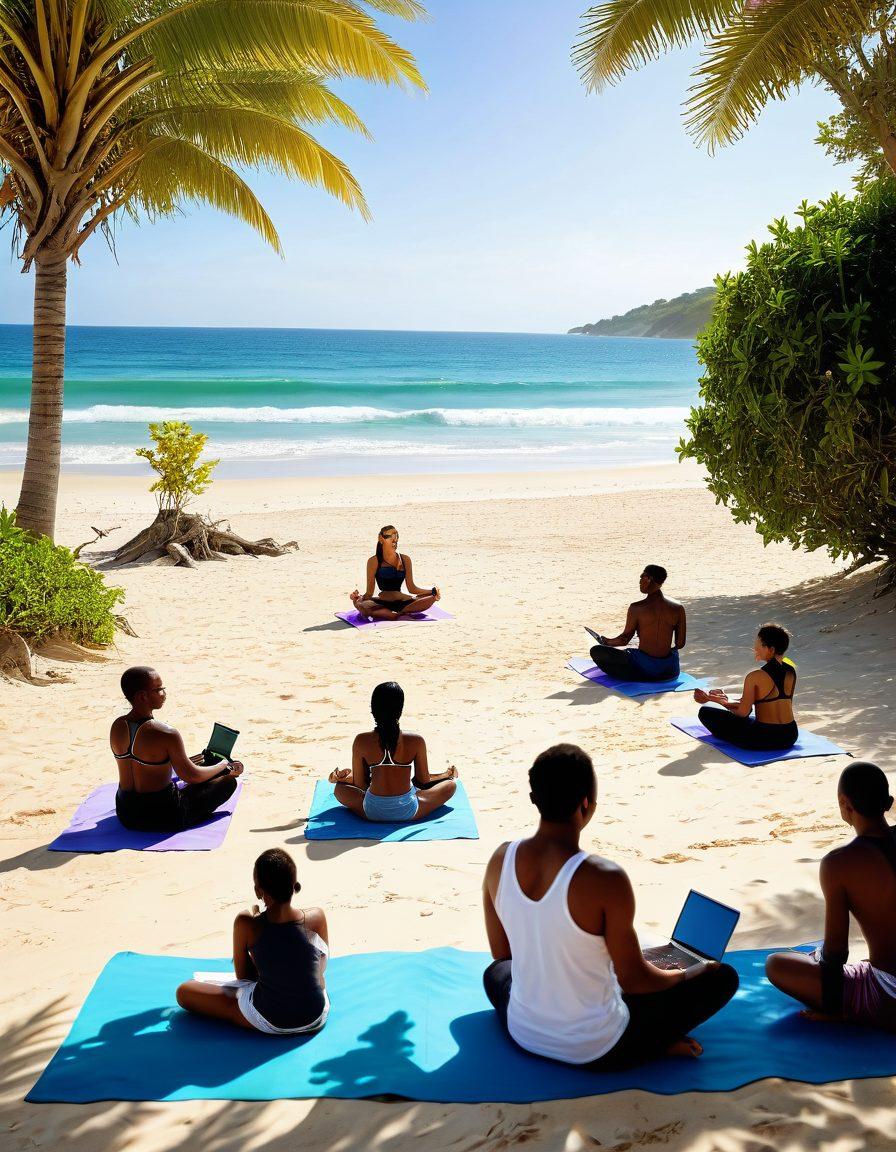 A serene beach scene depicting a group of diverse individuals celebrating financial freedom. They are enjoying a sunny day, surrounded by nature, showcasing their nudistic lifestyle while engaging in wealth creation activities such as brainstorming over a laptop, discussing investment ideas, and practicing yoga. Emphasize themes of confidence and liberation, with vibrant colors reflecting joy and harmony. super-realistic. vibrant colors. natural background.