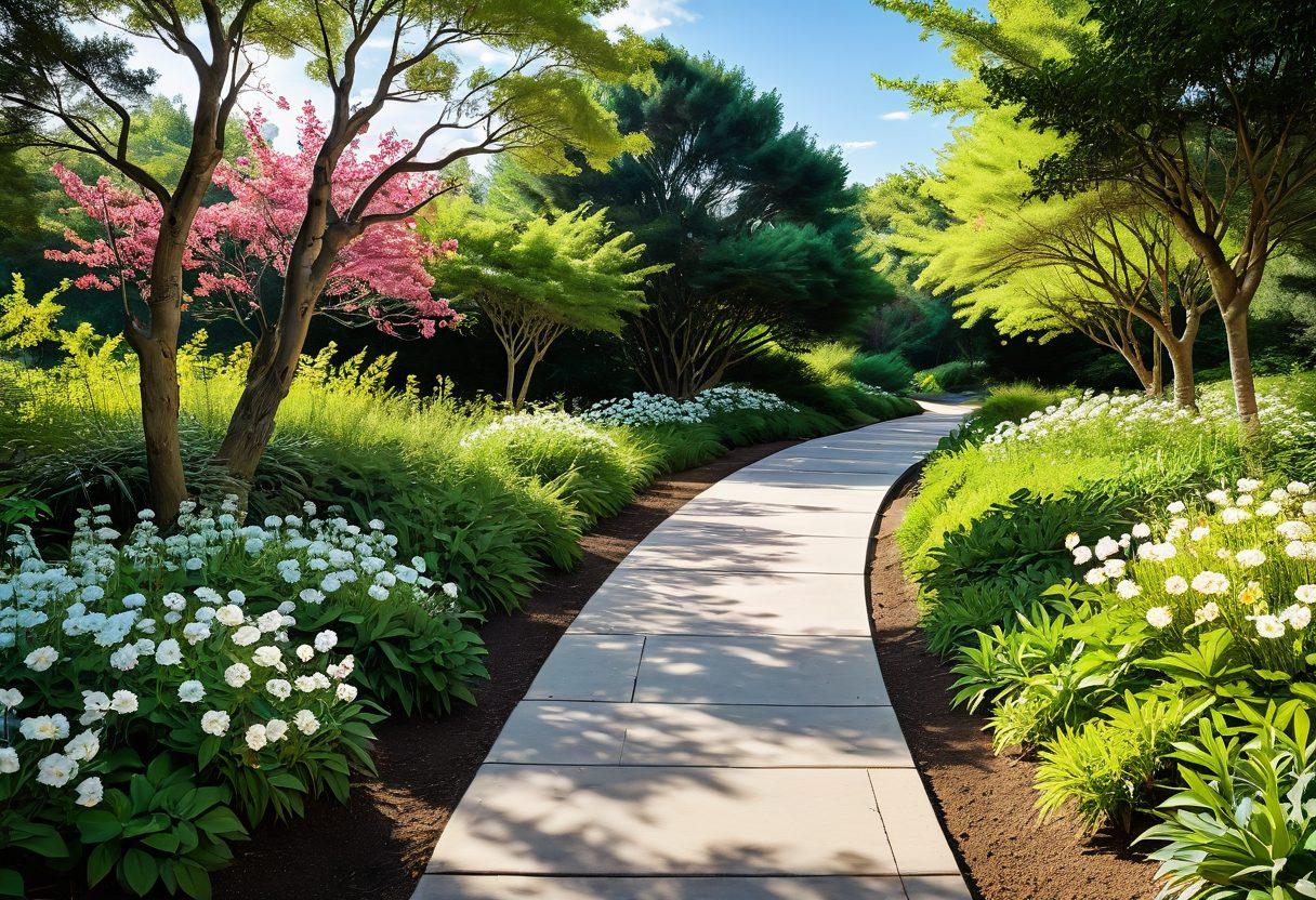 A serene landscape depicting a winding path leading to a peaceful horizon, with subtle symbols of financial growth like a rising graph and coins scattered along the trail. The scene should evoke feelings of freedom and enlightenment, blending nature with abstract financial elements. Soft, warm colors to convey positivity and balance. super-realistic. vibrant colors. natural elements.